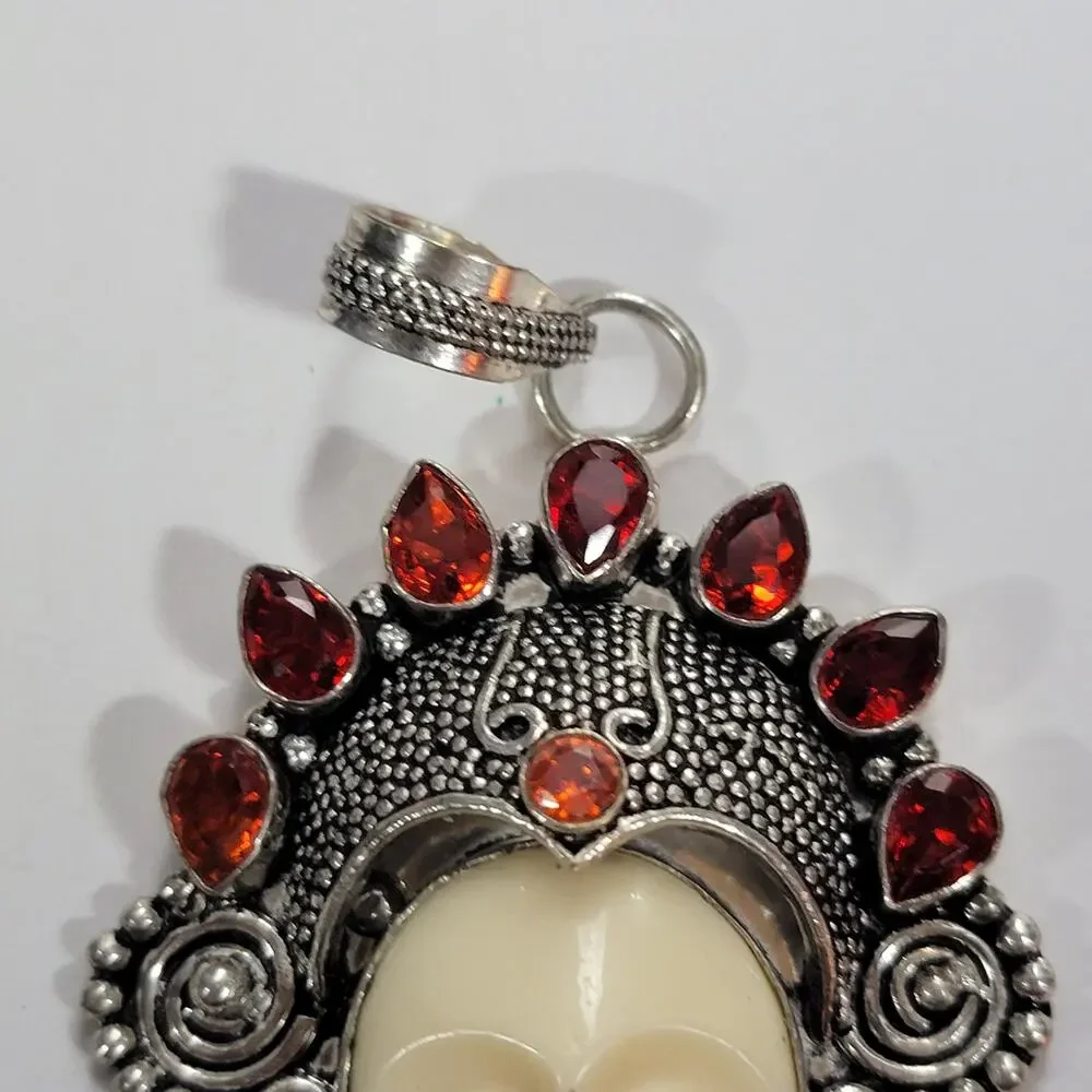 Goddess Pendant Carved Face Sterling Silver with Garnet - Picture 6 of 10